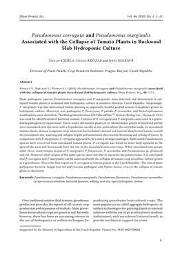 Pseudomonas Corrugata and Pseudomonas Marginalis Associated with the Collapse of Tomato Plants in Rockwool Slab Hydroponic Culture