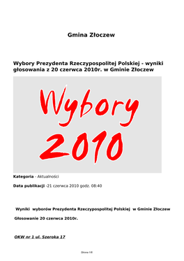 Wybory Prezydenta Rzeczypospolitej Polskiej - Wyniki Głosowania Z 20 Czerwca 2010R