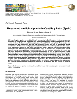 Threatened Medicinal Plants in Castilla Y León (Spain)