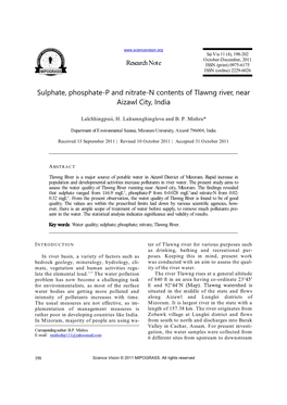 Sulphate, Phosphate-P and Nitrate-N Contents of Tlawng River, Near Aizawl City, India