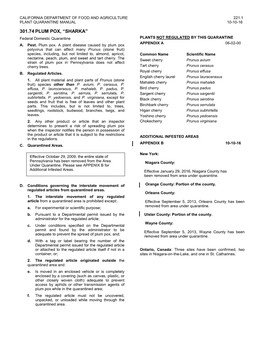 301.74 PLUM POX, “SHARKA” Federal Domestic Quarantine PLANTS NOT REGULATED by THIS QUARANTINE APPENDIX a 06-02-00 A