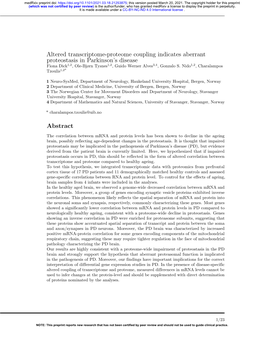 Altered Transcriptome-Proteome Coupling Indicates Aberrant Proteostasis in Parkinson’S Disease Fiona Dick1,2, Ole-Bjørn Tysnes1,2, Guido Werner Alves3,4, Gonzalo S