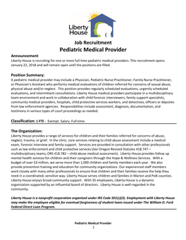 Pediatric Medical Provider Announcement Liberty House Is Recruiting for One Or More Full Time Pediatric Medical Providers