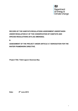 Record of the Habitats Regulations Assessment Undertaken Under Regulation 61 of the Conservation of Habitats and Species Regulations 2010 (As Amended)