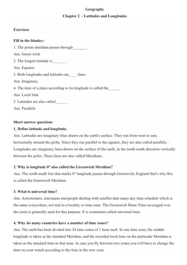 Latitudes and Longitudes Exercises Fill in the Blanks