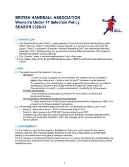 BRITISH HANDBALL ASSOCIATION Women's Under 17 Selection Policy