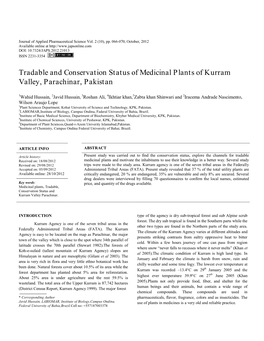 Tradable and Conservation Status of Medicinal Plants of Kurram Valley, Parachinar, Pakistan