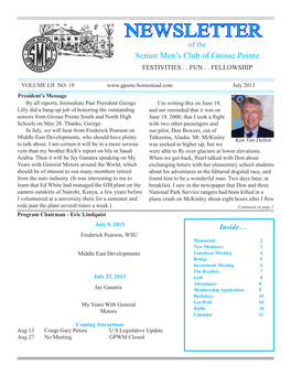 NEWSLETTER of the Senior Men’S Club of Grosse Pointe FESTIVITIES