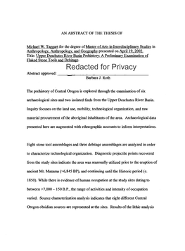 Upper Deschutes River Basin Prehistory: a Preliminary Examination of Flaked Stone Tools and Debitage