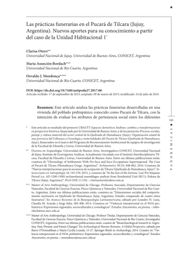 Las Prácticas Funerarias En El Pucará De Tilcara (Jujuy, Argentina). Nuevos Aportes Para Su Conocimiento a Partir Del Caso De La Unidad Habitacional 1*