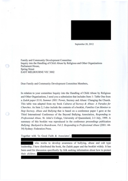 Family and Community Development Committee September 20, 2012 Inquiry Into the Handling of Child Abuse by Religious and Other Or