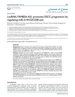 Lncrna FAM83A-AS1 Promotes ESCC Progression by Regulating Mir-214/CDC25B Axis