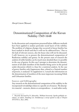 Denominational Composition of the Kievan Nobility 1569‑1648