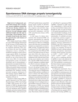 Spontaneous DNA Damage Propels Tumorigenicity Cell Research (2017) 27:720-721