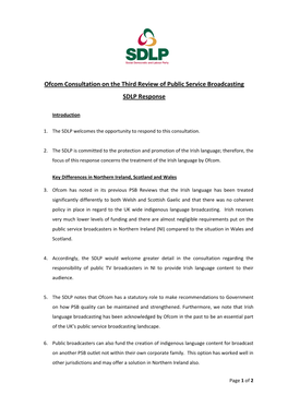 Ofcom Consultation on the Third Review of Public Service Broadcasting SDLP Response