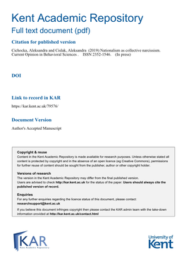 Cichocka & Cislak Nationalism As Collective Narcissism.Pdf