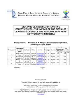 Distance Learning and Teaching Effectiveness : the Impact of the Distance Learning Scheme of the National Teachers’ Institute (Nti) in Nigeria