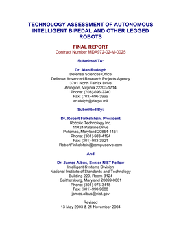 Technology Assessment of Autonomous Intelligent Bipedal and Other Legged Robots