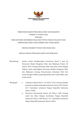 Pencantuman Informasi Nilai Gizi Untuk Pangan Olahan Yang Diproduksi Oleh Usaha Mikro Dan Usaha Kecil