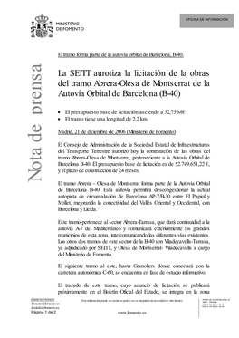 La SEITT Aurotiza La Licitación De La Obras Del Tramo Abrera-Olesa De Montserrat De La Autovía Orbital De Barcelona (B-40)