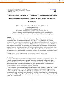 Water and Alcohol Extraction of Thyme Plant (Thymus Vulgaris) and Activity