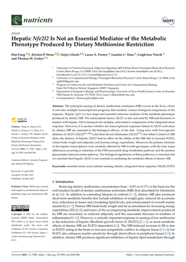 Hepatic Nfe2l2 Is Not an Essential Mediator of the Metabolic Phenotype Produced by Dietary Methionine Restriction