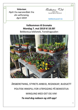 Velkommen Til Årsmøte Mandag 7. Mai 2019 Kl 18.00! Bekkestua Bibliotek