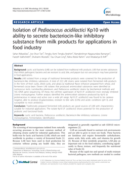 Isolation of Pediococcus Acidilactici Kp10 with Ability to Secrete