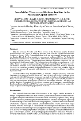 Powerful Owl Ninox Strenua Diet from Two Sites in the Australian Capital Territory