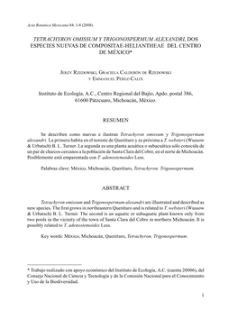 Tetrachyron Omissum Y Trigonospermum Alexandri, Dos Especies Nuevas De Compositae-Heliantheae Del Centro De México*