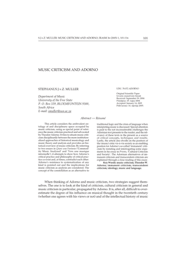 Music Criticism and Adorno, Irasm 36 (2005) 1, 101-116 101