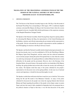 Translation of the Proceedings and Resolutions of the 73Rd Session of the National Assembly of Bhutan Held From10th August to 2Nd September, 1995