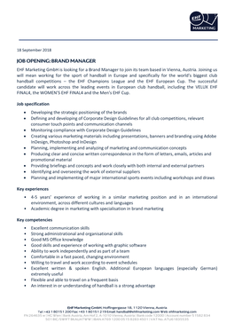 EHF Marketing Gmbh Is Looking for a Brand Manager to Join Its Team Based in Vienna, Austria