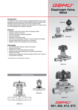 601, 602, 612, 673 Diaphragm Valve, Metal