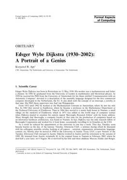 Edsger Wybe Dijkstra (1930–2002): a Portrait of a Genius Krzysztof R