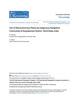 Use of Ethnoveterinary Plants by Indigenous Rangeland Community of Kanyakumari District, Tamil Nadu, India