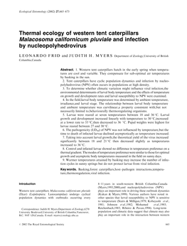 Thermal Ecology of Western Tent Caterpillars Malacosoma Californicum Pluviale and Infection by Nucleopolyhedrovirus