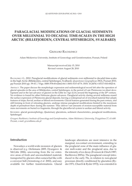 Paraglacial Modifications of Glacial Sediments Over Millennial to Decadal Time-Scales in the High Arctic (Billefjorden, Central Spitsbergen, Svalbard)