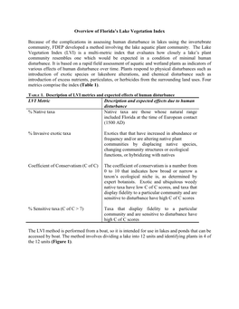 Overview of Florida's Lake Vegetation Index Because of the Complications in Assessing Human Disturbance in Lakes Using The