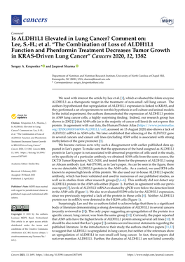 Is ALDH1L1 Elevated in Lung Cancer? Comment On: Lee, S.-H.; Et Al