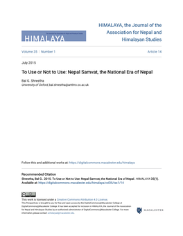 To Use Or Not to Use: Nepal Samvat, the National Era of Nepal