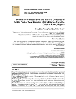 Proximate Composition and Mineral Contents of Edible Part of Four Species of Shellfishes from the Calabar River, Nigeria