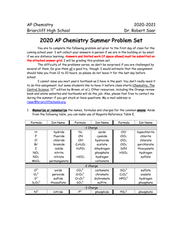 2020 AP Chemistry Summer Problem Set