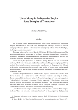Use of Money in the Byzantine Empire: Some Examples of Transactions