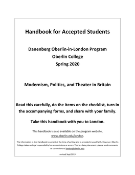 Handbook for Accepted Students: Danenberg Oberlin-In-London