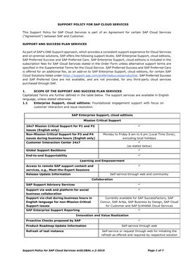 Support Policy for SAP Cloud Services; (English V.2-2019)