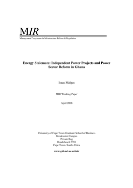 Energy Stalemate: Independent Power Projects and Power Sector Reform in Ghana