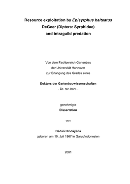 Resource Exploitation by Episyrphus Balteatus Degeer (Diptera: Syrphidae)