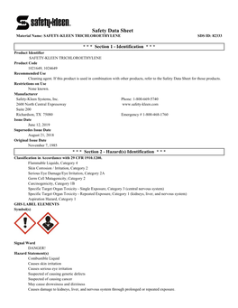 Safety Data Sheet Material Name: SAFETY-KLEEN TRICHLOROETHYLENE SDS ID: 82333