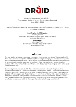 Abstract the Case Studies Carried out in This Paper Investigates the Innovative Heuristics of the Two Leading EU Firms in the Robotics Sector (KUKA and COMAU)